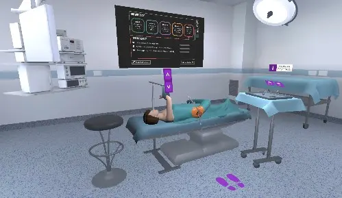 VR view of the operating room with central information screen behind the patient in the center and typical equipment.