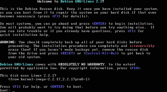 Debian 2.2 Begrüßungsbildschirm