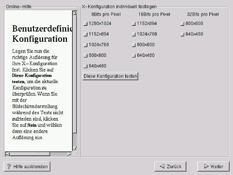 Auswahl der Aufl&ouml;sungen und Farbtiefen